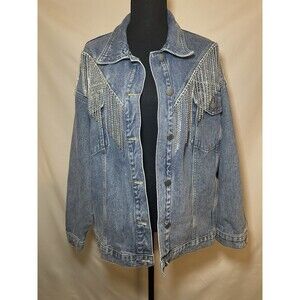 VEVERET Rhinestone Fringe Oversized Denim Jean Jacket SIZE SMALL